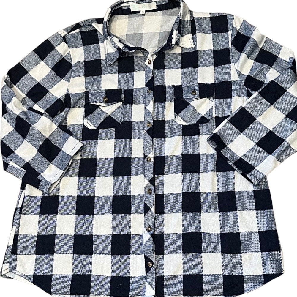 Eden & Olivia Plaid Button Down Women XL Navy White Excellent 3/4 Sleeve Top